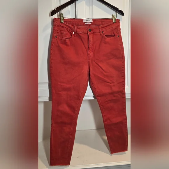 PISTOLA Red High Rise Crop Skinny Jeans Raw Hem Stretch Denim 31 Statement - Picture 2 of 10
